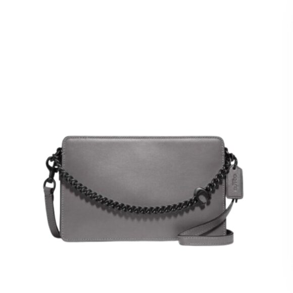 Coach Signature Chain Crossbody Tote Bag Purse Cement Gray Leather Convertible